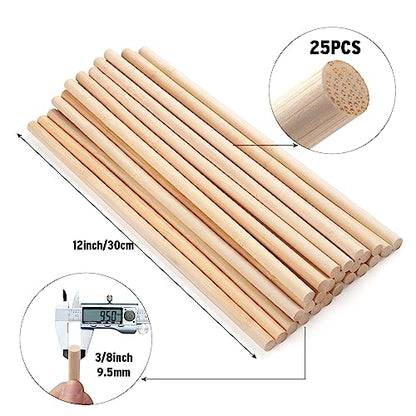 Wooden Dowel Dods Wood Dowels, 25PCS 3/8 x 12" Round Natural Bamboo Sticks for Crafts, Macrame Dowel, Unfinished Hard Wood Sticks for Crafting,