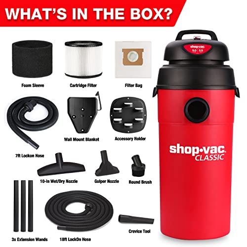 Shop-Vac 5 Gallon 5.5 Peak HP Wet/Dry Vacuum, Wall Mountable Compact Shop Vacuum with 18' Extra Long Hose & Attachments, Ideal for Jobsite, Garage, Shop-Vac