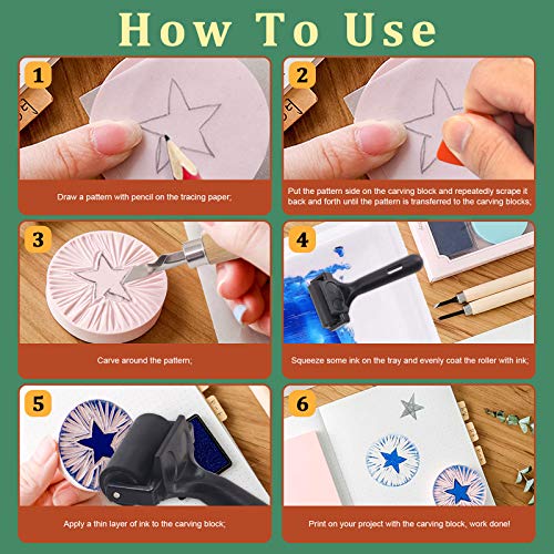 Keadic 12Pcs Soft Rubber Carving Blocks Kit, Comes with Linoleum Cutter Tools & 2 Inches Rubber Roller Brayer Rollers Glue Roller for Ink Paint Block Keadic