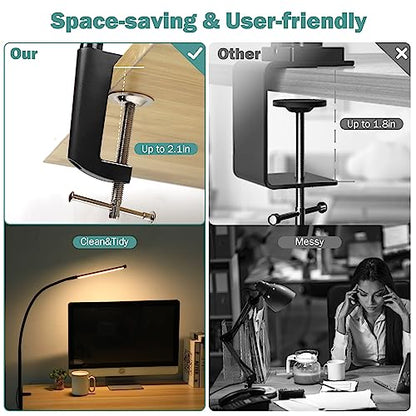 CUHIOY Desk Lamp with Metal Clamp, 3 Colors 10 Lightings LED Desk Light with USB Adapter for Home Office, Eye-Caring Flexible Gooseneck Clip on - WoodArtSupply