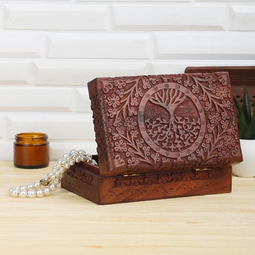 Ajuny Handcarved Wooden Decorative Treasure Chest Box Tree Pattern - Multipurpose Use As Jewelry Storage, Watch Box, Great for Gifts - Brown, 8X5