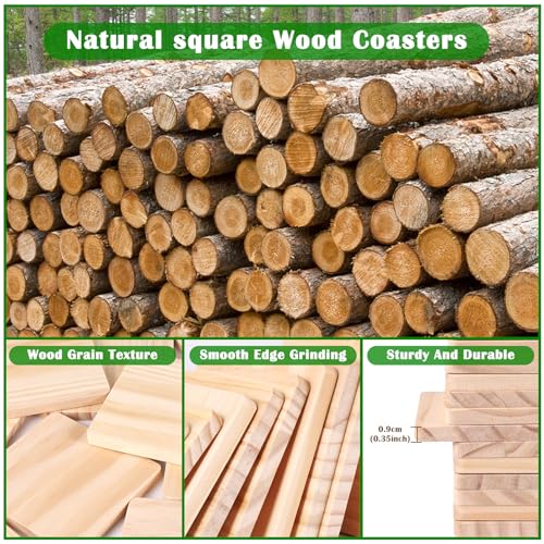 38 Pack Unfinished Wood Coasters, 4 Inch Square Blank Wooden Coasters Crafts Coasters with Non-Slip Silicon Dots for DIY Architectural Models Drawing Aweyka