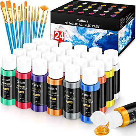 Caliart Metallic Acrylic Paint Set with 12 Brushes, 24 Colors (59ml, 2oz) Art Craft Paints for Artists Students Kids Beginners, Halloween Decorations Caliart