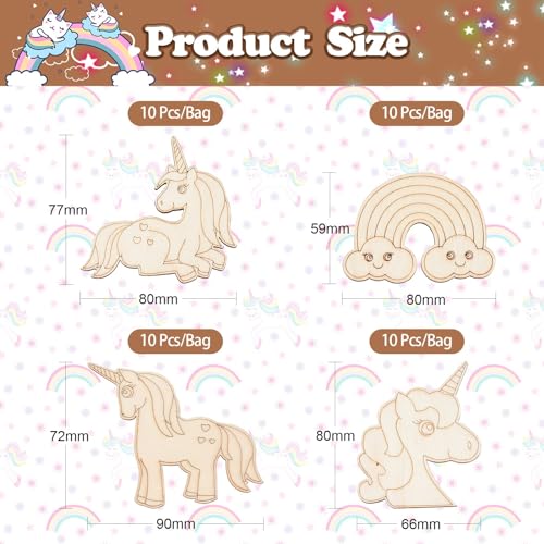LiQunSweet 40 Pcs 4 Styles Rainbow Unicorn Unfinished Wood Slice Cutouts Blank Wooden Ornaments for Crafts LiQunSweet