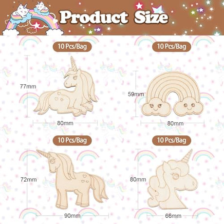 LiQunSweet 40 Pcs 4 Styles Rainbow Unicorn Unfinished Wood Slice Cutouts Blank Wooden Ornaments for Crafts LiQunSweet