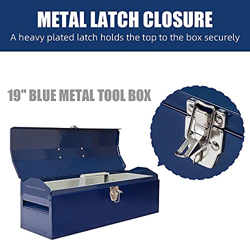 HPDMC Hip Roof Style Portable Steel Tool Box with Metal Latch Closure and Removable Storage Tray, 19" Blue 19.1" L x 6.1" W x 6.5" H HPDMC