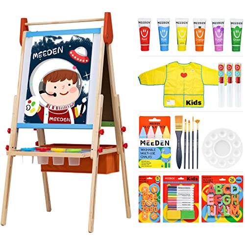 MEEDEN Easel for Kids, Double-Sided All-in-one Wooden Art Easel, Kids Art Easel Set with Paper Rolls, Magnetic Easel with Whiteboard & Chalkboard, - WoodArtSupply