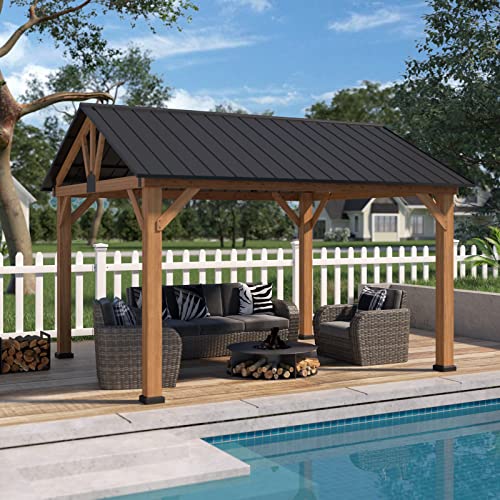 EAGLE PEAK 11x13 Hardtop Wood Gazebo,Outdoor Cedar Wood Frame Pavilion, Galvanized Steel Gable Roof, for Patio, Deck, Backyards, Garden, Natural EAGLE PEAK