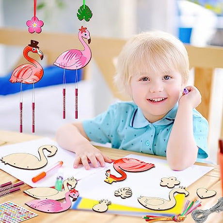 16 Pack Wind Chime Kits for Kids, Make Your Own Summer Flamingos Wind Chime DIY Coloring Heart Flower Pineapple Wooden Arts and Crafts Birthday Gifts TREACLUB
