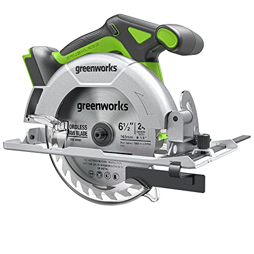 Greenworks 24V Brushless 6-1/2" Circular Saw, 4,800 RPM, Adjustable Cutting Depth 45°/90°, Tool Only