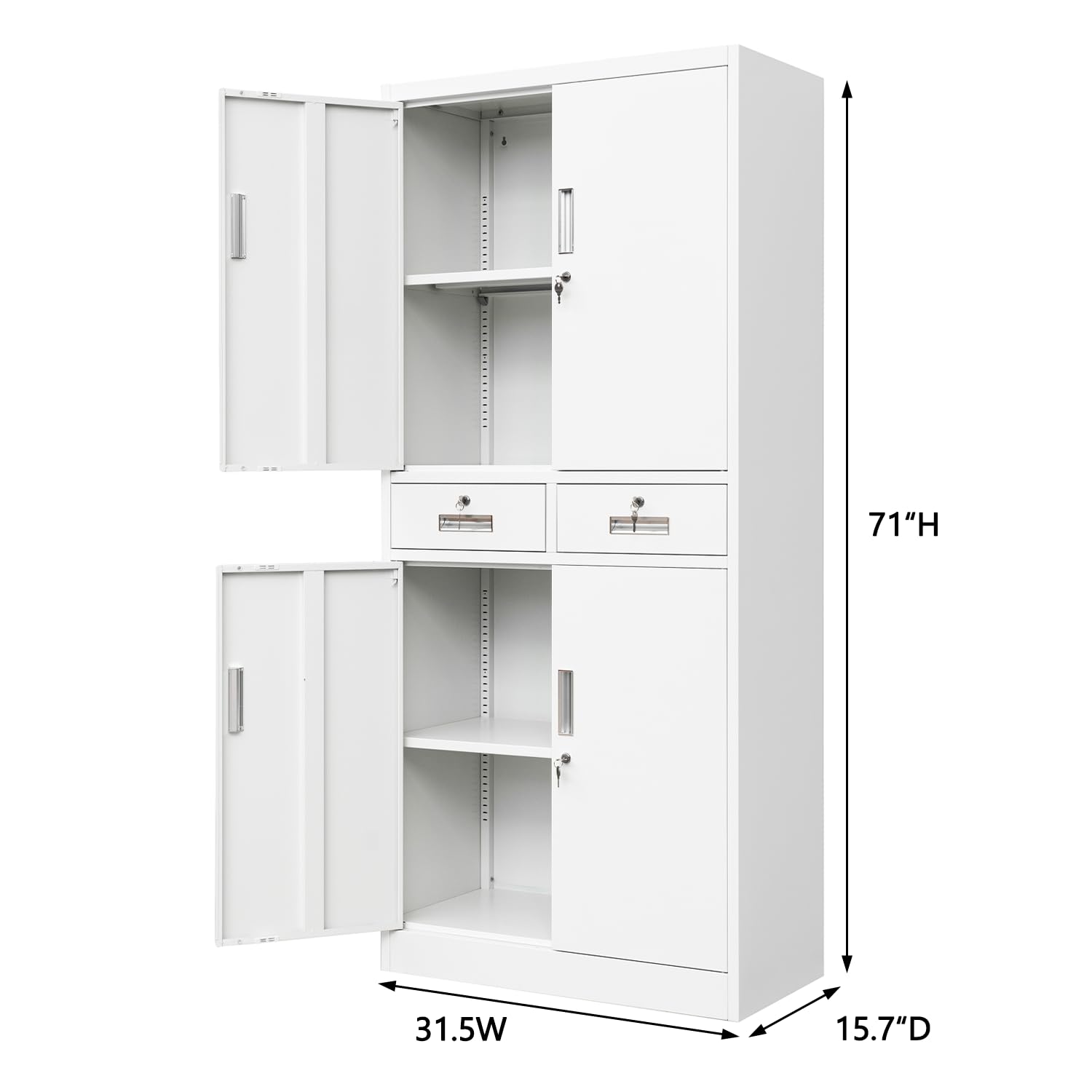 CJF Metal Storage Cabinet with Adjustable Shelves and Drawers, Locking Pantry Storage Cabinet for Office, Garage, Home, School, Utility (White) - WoodArtSupply