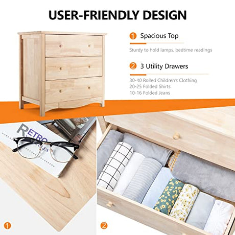 VINGLI Upgraged Unfinished 3 Drawer Dresser for Bedroom Natural Solid Wood Dresser Color DIY, Farmhouse Dresser with Spacious Storage Chests of VINGLI