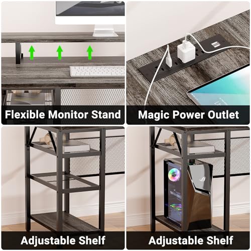 L-Shaped Ergonomic Computer Desk with Smart LED Lights and Versatile Power Outlets iSunirm