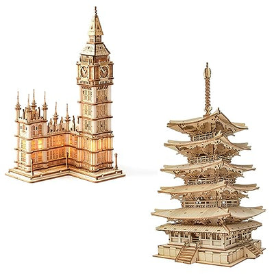 ROBOTIME 3D Puzzle Wooden Craft Kits for Adults DIY Model Building Kit Big Ben TG507 & Five-Storied Pagoda TGN02