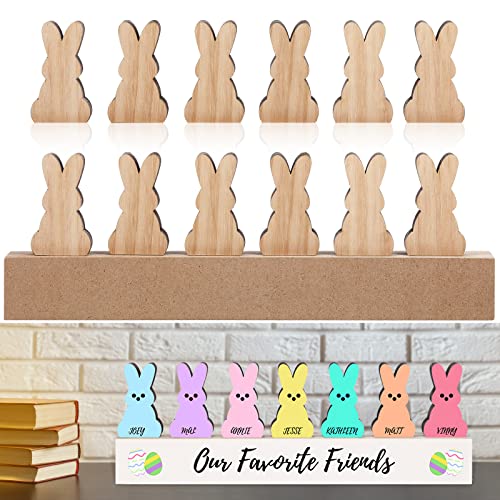 12 Pcs Easter Wood Bunny Cutouts Unfinished Bunny Table Wooden Sign Easter Tabletop Decoration Rabbit Shaped Blank Wooden Signs with 1 Base for Marsui