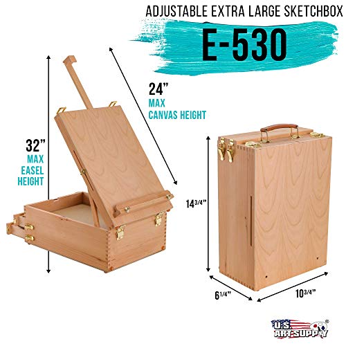 U.S. Art Supply Grand Cayman Extra Large 2 Drawer Adjustable Wood Table Sketchbox Easel, Paint Palette, Premium Beechwood - Portable Wooden Artist U.S. Art Supply