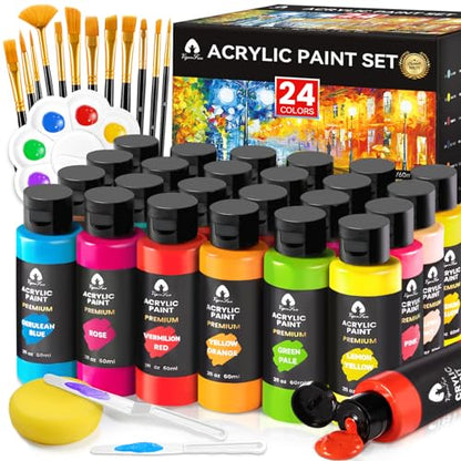 40 PCS Acrylic Paint Set with 12 Brushes, 2 Knives and Palette, 24 Colors (2oz/60ml) Art Craft Paints Gifts for Adults Kids Artists Beginners, Art