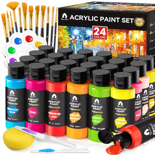 40 PCS Acrylic Paint Set with 12 Brushes, 2 Knives and Palette, 24 Colors (2oz/60ml) Art Craft Paints Gifts for Adults Kids Artists Beginners, Art Painting Kit for Canvas Fabric Rock Glass Ceramic Wood