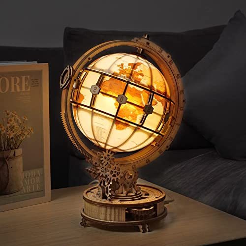 ROBOTIME Illuminated 3D Wooden Puzzle Globe with LED Light - Unique Desk Decor and Gift for Adults - WoodArtSupply