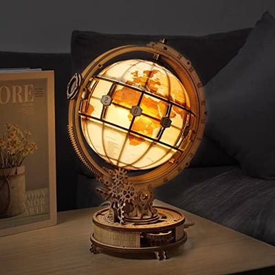 ROBOTIME Illuminated 3D Wooden Puzzle Globe with LED Light - Unique Desk Decor and Gift for Adults