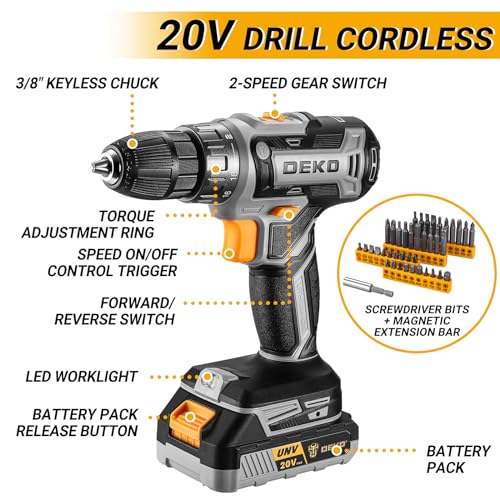 Cordless Drill Tool Kit Set: 20V Power Drill Tool Box with Battery Electric Drill Driver for Men Home Hand Repair Basic Toolbox Tools Sets Drills DEKOPRO