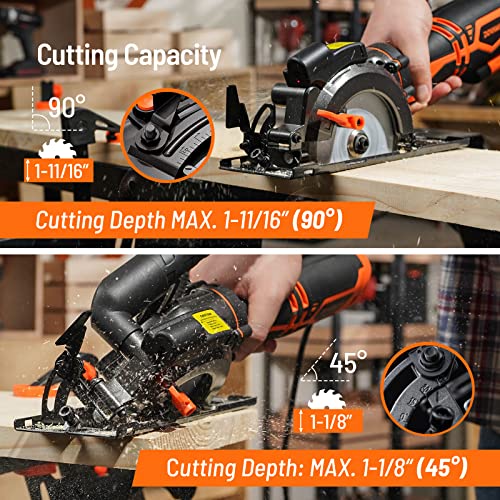 DOVAMAN Circular Saw, 5.8A 4-1/2" Circular Saw w/Laser, Metal Auxiliary Handle, 6 Saw Blades (4½", 4¾"), Cutting Depth 1-11/16" (90°), 1-3/8" (45°), DOVAMAN