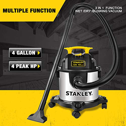 STANLEY 4 Gallon Wet Dry Vacuum, 4 Peak HP Stainless Steel 3 in 1 Shop Vacuum Blower with Powerful Suction, Vacuum for Job Site, Garage, Basement, Stanley