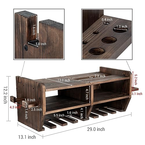 MyGift Power Tool Organizer Station - Wall Mounted Rustic Burnt Solid Wood Toolbox Storage Shelves, 8 Drill Hanging Compartments, 15 Hand Tools - WoodArtSupply