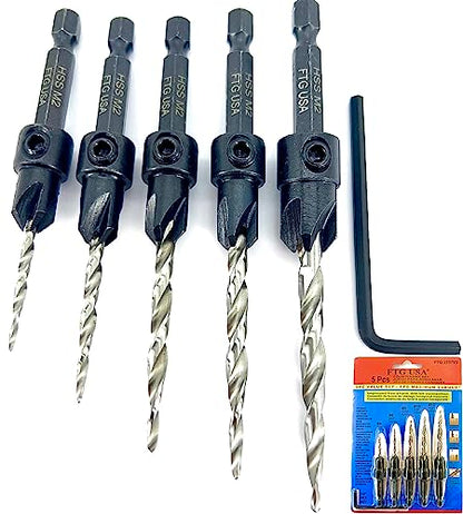 FTG USA Countersink Drill Bit Set 5 Pc Countersink Drill Bit #4#6#8#10#12 Tapered Drill Bits for Woodworking with Improved Countersink Connection - WoodArtSupply