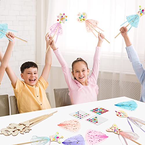 34 Pcs Make Your Own Princess Wand Kit 16 Unfinished Star Butterfly Crown Moon Fairy Wood Stick 6 Gem Stickers 4 Satin Ribbons 8 Mesh Decor for Queekay