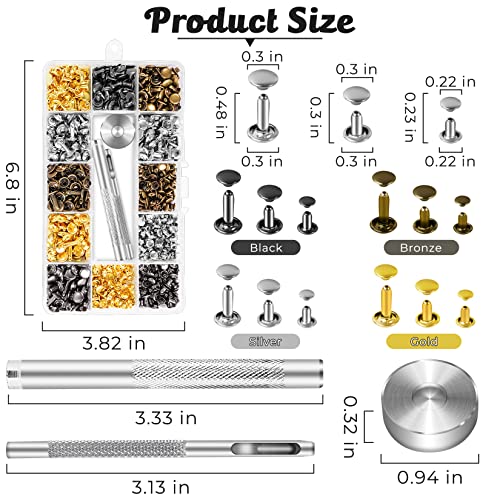 Jetmore 420 Sets Leather Rivets Kit, Double Cap Brass Rivets Leather Studs with 3pcs Setting Tools for Leather Repair and Crafts, 4 Colors and 3 Sizes