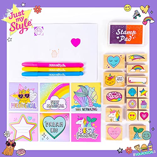 Just My Style Wood Stamp Set by Horizon Group USA, 15 Wooden Stamps, Scrapbooking Sheets, Colorful Markers, Stationery Set, 2-Tone Stamp Pad - WoodArtSupply