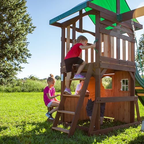 Backyard Discovery Lakewood Cedar Wood Swing Set, Covered Upper Deck with White Trim Window, Slide with Rails, Lower Fort Area with Door and Attached - WoodArtSupply