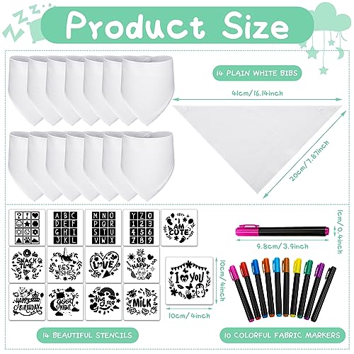 Jutom 38 Pcs DIY Baby Bibs Decorating Sets Includes 14 White Baby Bibs 10 Fabric Paint Markers 14 Stencils, 2 Ply Cotton Drool Bibs Plain Baby Shower Jutom