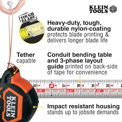 Klein Tools 9225 Tape Measure, Heavy-Duty Measuring Tape with 25-Foot Double-Hook Double-Sided Nylon Reinforced Blade, with Metal Belt Clip - WoodArtSupply