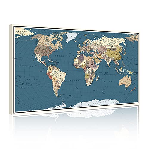 WELMECO Large Office Wall Decoration Detailed World Map Canvas Prints with Premium White frame Push Pins Travel Map of The World Picture Artwork for WELMECO