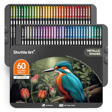 Shuttle Art 60 Metallic Colored Pencils, Colored Pencils for Adult Coloring, Soft Core Coloring Pencils in Gift Tin Box, Color Pencils for Kids Shuttle Art