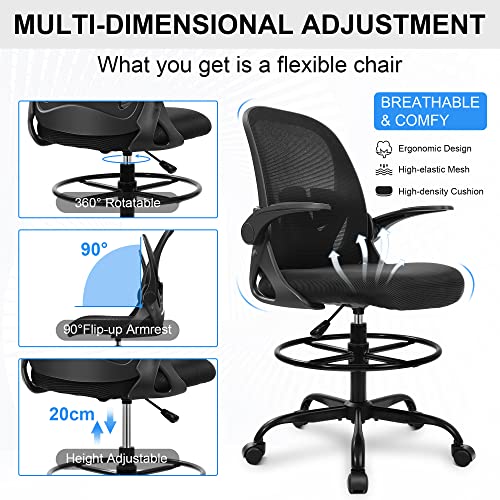 Primy Drafting Chair Tall Office Chair with Flip-up Armrests Executive Ergonomic Computer Standing Desk Chair with Lumbar Support and Adjustable - WoodArtSupply