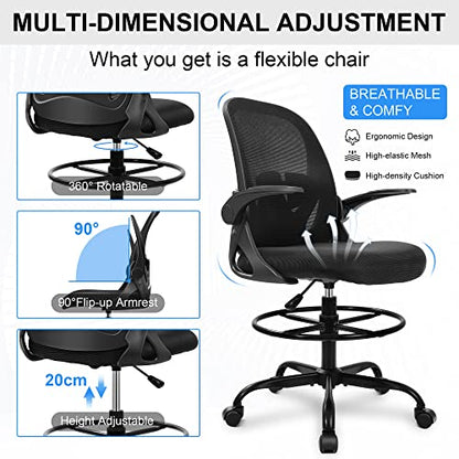 Primy Drafting Chair Tall Office Chair with Flip-up Armrests Executive Ergonomic Computer Standing Desk Chair with Lumbar Support and Adjustable - WoodArtSupply