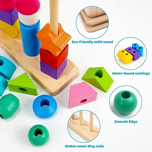 Montessori Toys for 2 3 4 Year Old Kid Boy Girl Toddler, Montessori Wooden Beads Sequencing Toy Set, Lacing Beads & Stacking Block & Matching Shape