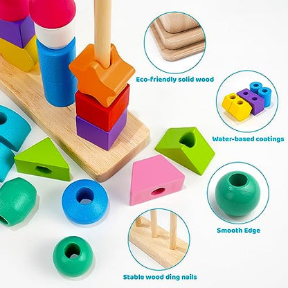 Montessori Toys for 2 3 4 Year Old Kid Boy Girl Toddler, Montessori Wooden Beads Sequencing Toy Set, Lacing Beads & Stacking Block & Matching Shape