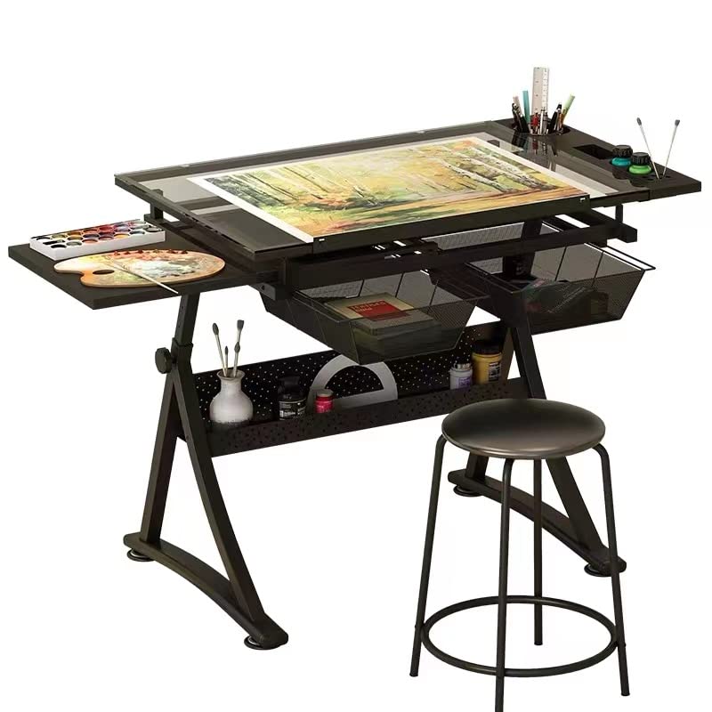Lambgier Glass Craft Table Drawing Desk – Drafting Tables Hobby Table Writing Studio Art Artist Desk with Adjustable Tilted Tabletop (Black) Lambgier