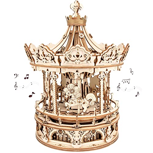 ROKR 3D Wooden Puzzles Music Box - DIY Model Building Kit Mechanical Merry-go-Round Exquisite Display Gifts for Teens Man/Woman Family ROKR