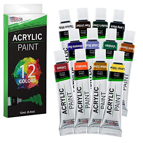 U.S. Art Supply Professional 12 Color Set of Acrylic Paint in 12ml Tubes - Rich Pigment Vivid Colors for Artists, Students, Beginners, Kids, Adults - U.S. Art Supply