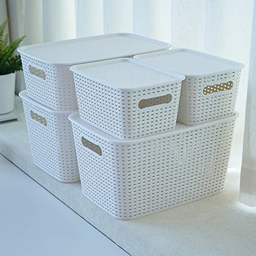OLLIC Plastic Bins Large Storage with Lids | Korean Organizer Bin Basket Set for Organizing Baskets in Closet and Home (White, Large 4PK) OLLIC
