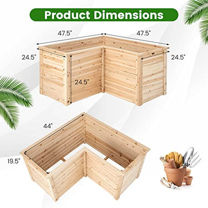 Giantex Raised Garden Bed, 47.5x47.5x24.5 Inch Wooden Planter Box, Outdoor L-Shaped Deep Garden Bed for Sapling Flower Herb Vegetable Fruit