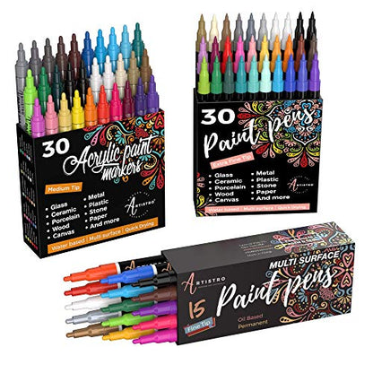 Artistro 30 Acrylic Paint Markers Medium Tip and 42 Acrylic Paint Pens  Extra Fine Tip, Bundle for Rock Painting, Wood, Fabric, Card