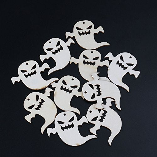 VOSAREA 10PCS Halloween Decoration Snicker Ghost Pendant with Hemp Ropes Hanging Embellishments Decotaitve Wooden Pieces Crafts Cutout Shape VOSAREA