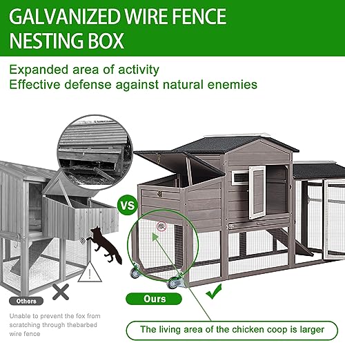 Gowoodhut Chicken Coop with Run Mobile Large Nesting Box - Back Yard Wooden Chicken House Outdoor Poultry Cage, UV Proof Asphalt Roof Gowoodhut