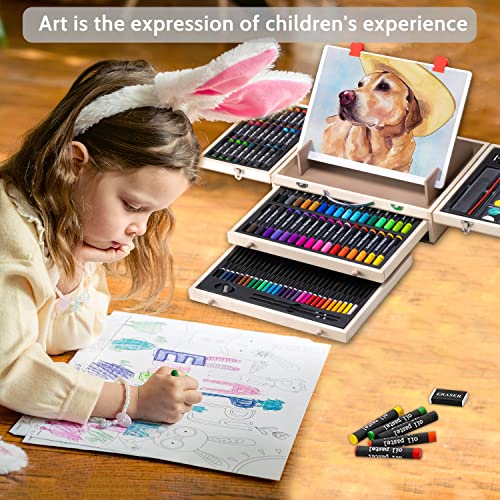 Art Supplies, Deluxe Kids Art Set with Drawing Easel, Crafts Kit in Portable Wooden Case, Oil Pastels, Colored Pencils, Watercolor Cakes, Sketch